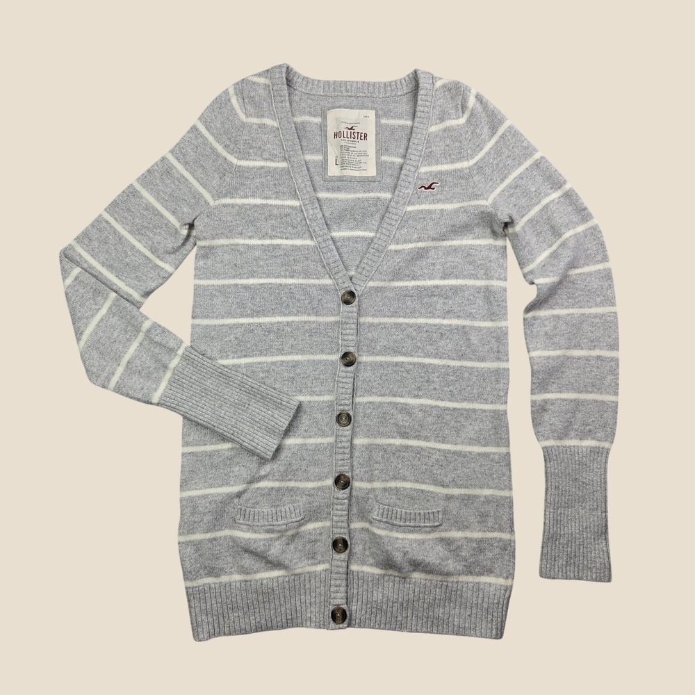 Hollister Women L Gray Striped Longline Cardigan Sweater Button Front Y2K Preppy